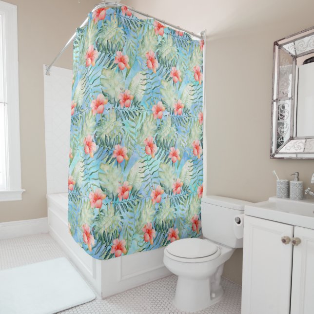 Tropical Aqua Blue Hibiscus Flowers Shower Curtain (In Situ)