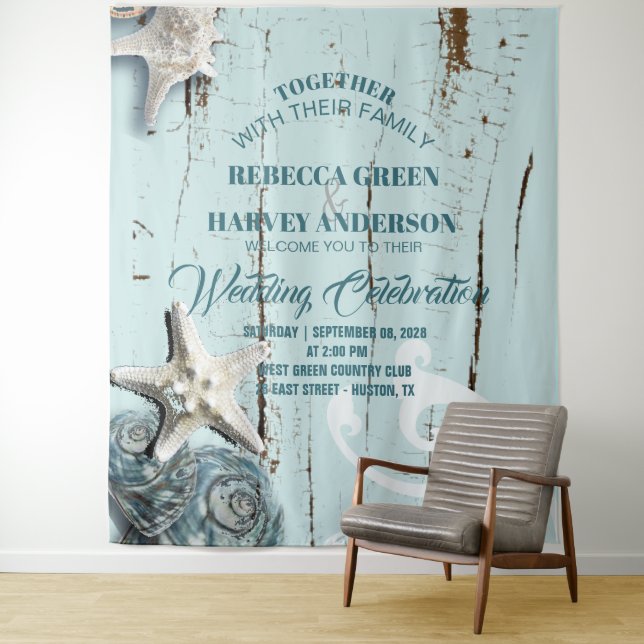 tropical aqua blue seashell beach wedding backdrop tapestry (In Situ)
