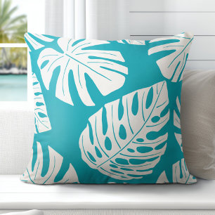Tropical Aqua Blue White Palm Monstera Leaves Cushion