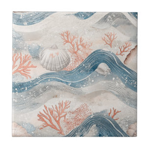 Tropical Aqua Coral Seashell Pattern Ceramic Tile