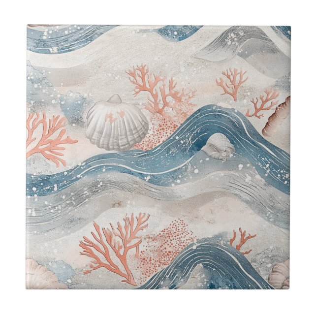 Tropical Aqua Coral Seashell Pattern Ceramic Tile (Front)