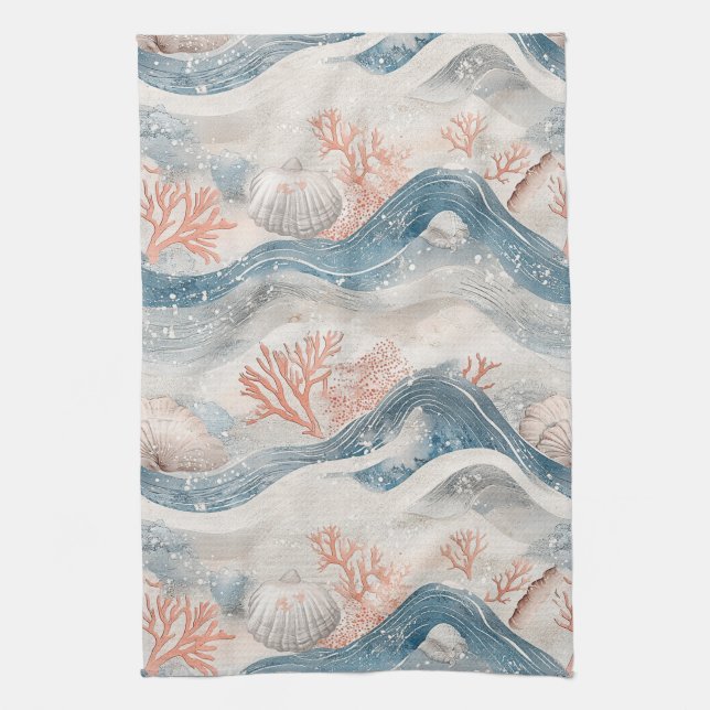 Tropical Aqua Coral Seashell Pattern Tea Towel (Vertical)