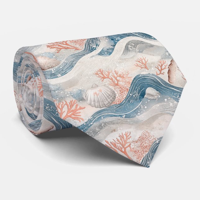 Tropical Aqua Coral Seashell Pattern Tie (Rolled)