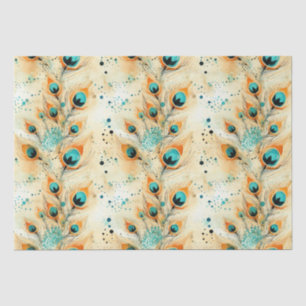 Tropical Aqua Peach Orange Peacock Feathers  Tissue Paper