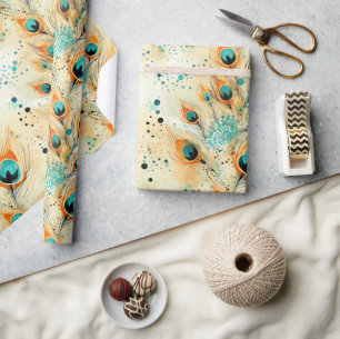 Tropical Aqua Peach Orange Peacock Feathers Wrapping Paper
