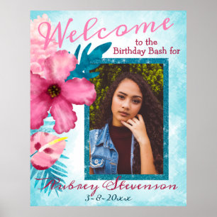 Tropical Aqua Pink Birthday Welcome Poster