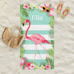 Tropical Aqua Pink Flamingo Floral Custom Monogram Beach Towel<br><div class="desc">This stylish personalised summer beach towel features a pretty pink flamingo,  lush tropical palm leaves,  hibiscus flowers,  and white coastal stripes. Vibrant colours include pink,  magenta,  yellow,  green,  seafoam,  and aqua blue. Personalise the custom text with a name.</div>