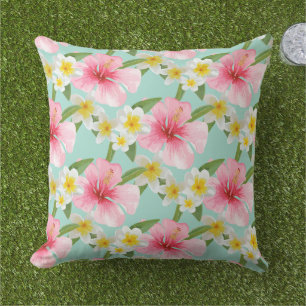 Tropical Aqua Pink Hibiscus Flowers Pattern Cushion
