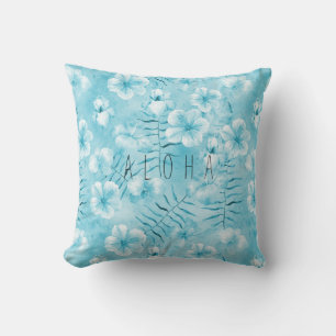 Tropical Aqua White Orchids Hibiscus Floral Cushion