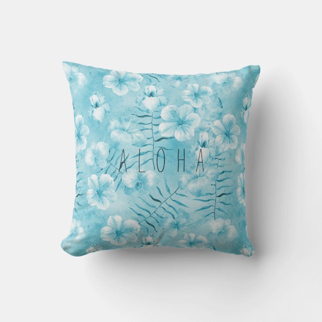 Tropical Aqua White Orchids Hibiscus Floral Cushion (Front)