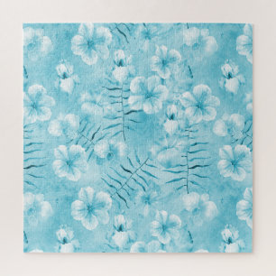 Tropical Aqua White Orchids Hibiscus Floral Jigsaw Puzzle
