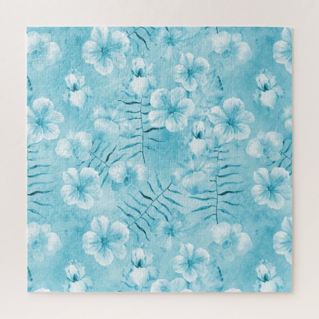 Tropical Aqua White Orchids Hibiscus Floral Jigsaw Puzzle (Vertical)