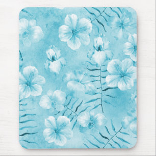 Tropical Aqua White Orchids Hibiscus Floral Mouse Pad