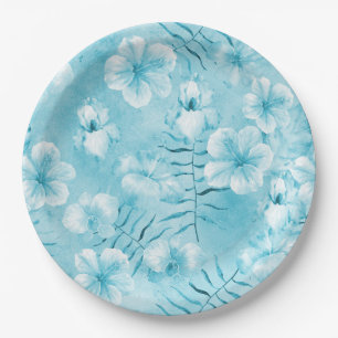 Tropical Aqua White Orchids Hibiscus Floral Paper Plate