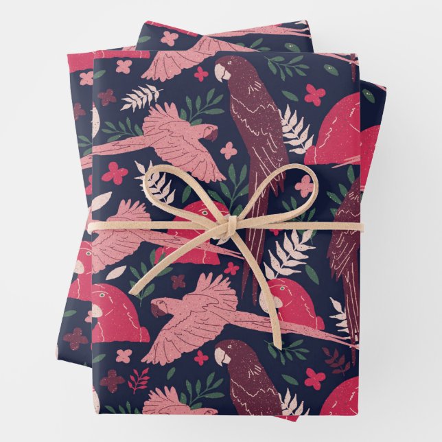 Tropical Ara Parrot Leaves Pattern Wrapping Paper Sheet (In situ)