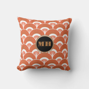Tropical Art Deco Scalloped Fan Pattern Monogram Cushion