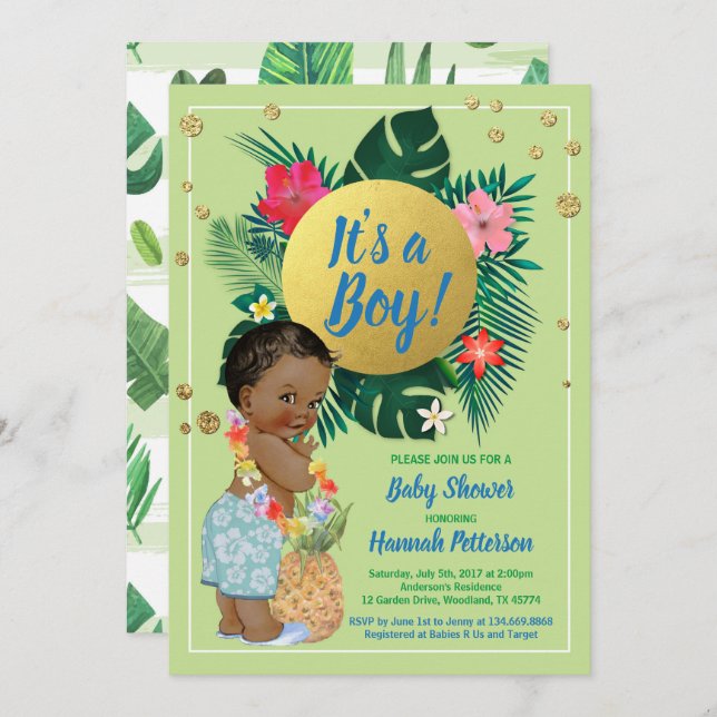 Tropical baby boy couples shower green gold invitation (Front/Back)