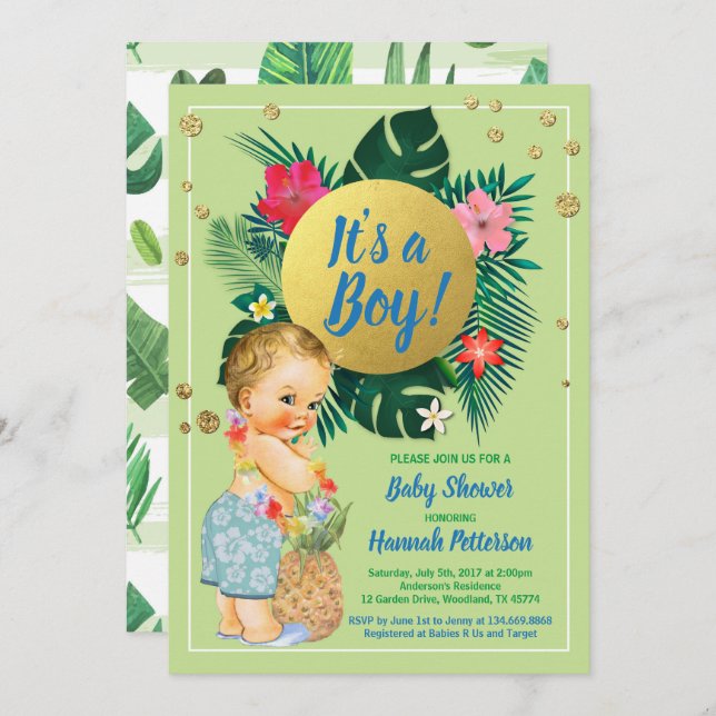 Tropical baby boy couples shower green gold invitation (Front/Back)