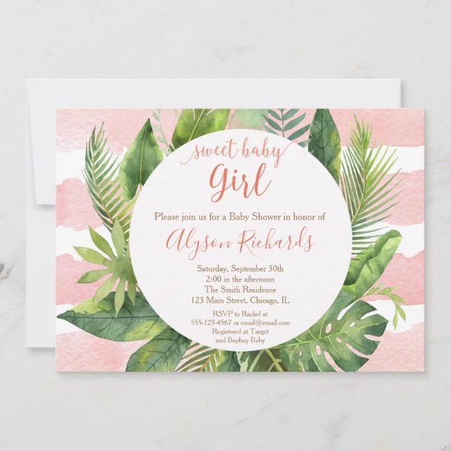 Tropical baby shower girl, greenery palms invitation (Front)
