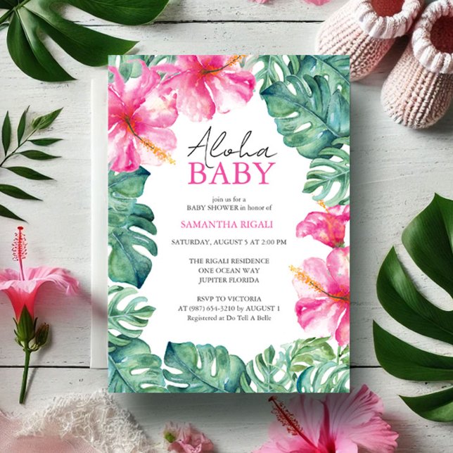 Tropical Baby Shower Invitations Aloha (Baby shower invitations feature tropical pink flowers & monstera palm leaf art Victoria Grigaliunas)