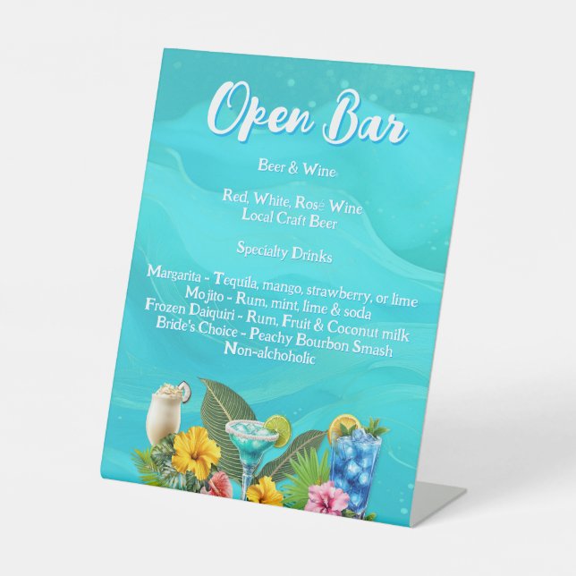 Tropical Bachelorette Open Bar Drinks Pedestal Sign (Front)