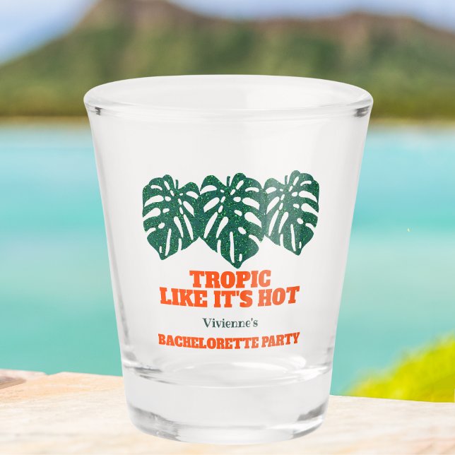 Tropical Bachelorette Party Glitter Monstera  Shot Glass (Tropical bachelorette party favor shot glass Tropic like it's hot glitter monstera green and orange)