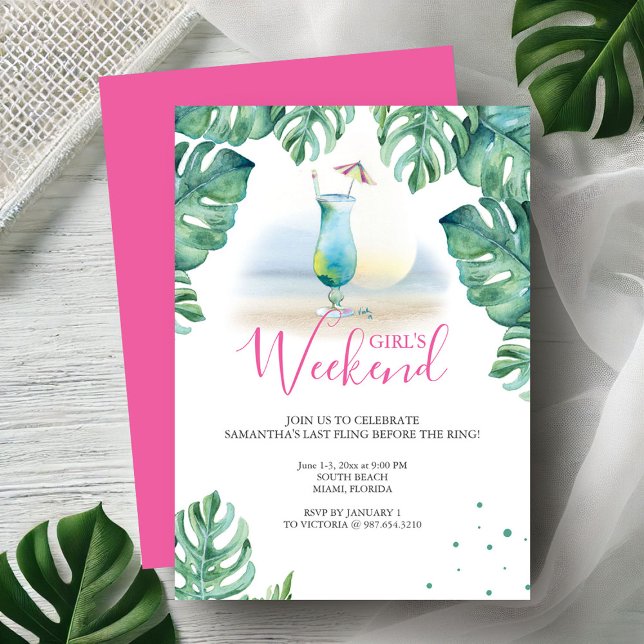 Tropical Bachelorette Party Invitations (Bachelorette party invitations tropical watercolor cocktail & palm leaf art Victoria Grigaliunas)