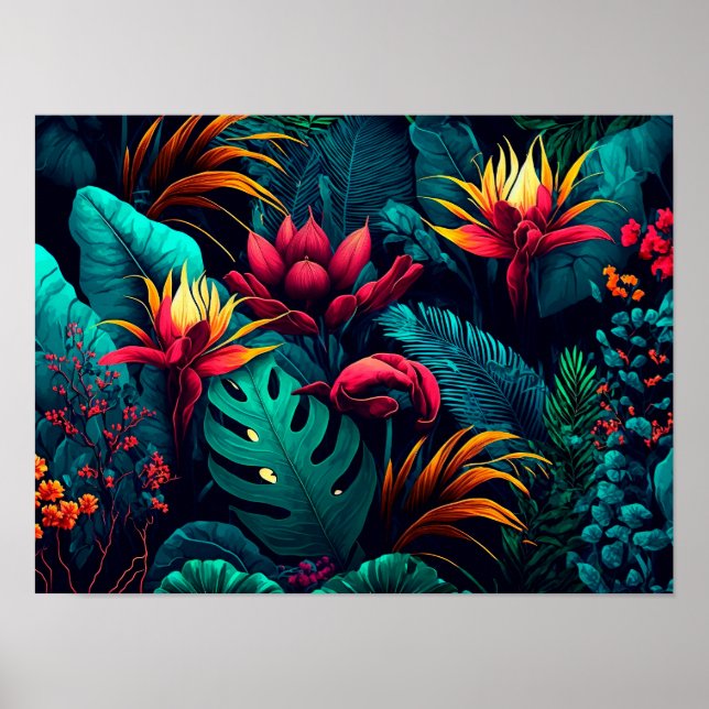 Tropical background with exotic flowers and leaves poster (Front)