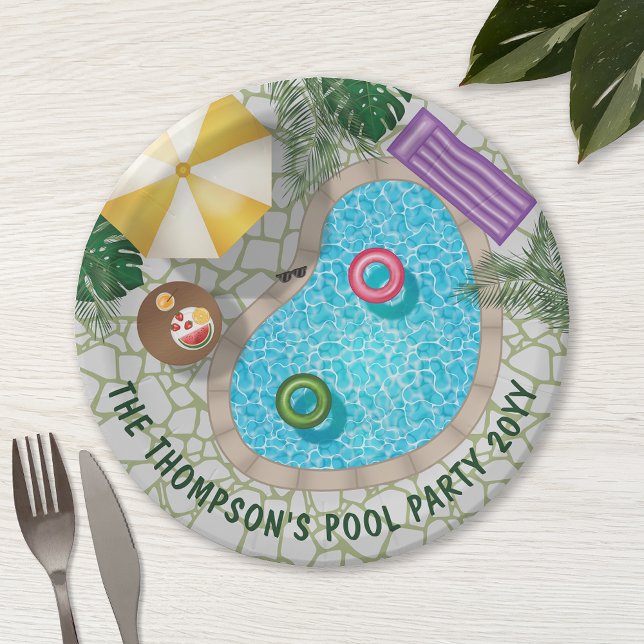 Tropical Backyard Pool Scene Summer Pool Party Paper Plate (Creator Uploaded)