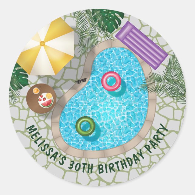 Tropical Backyard Pool Summer Pool Birthday Party Classic Round Sticker (Front)