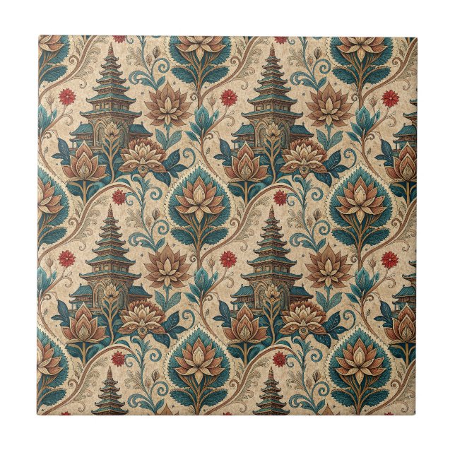 Tropical Balinese Floral Temple Mural Art Pattern Ceramic Tile (Front)