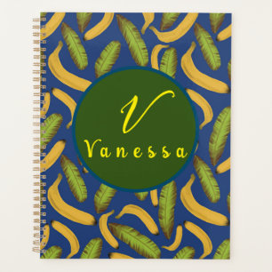 Tropical Banana Blue Leaf Monogram Script   Planner