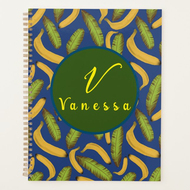 Tropical Banana Blue Leaf Monogram Script   Planner (Front)