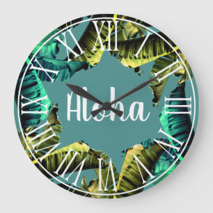 Tropical Banana Leaves Aloha Large Clock