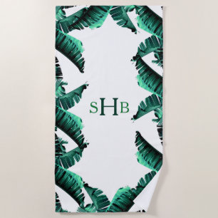 Tropical Banana Leaves Foliage with Initials Beach Towel