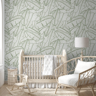 Tropical Banana Leaves Line Art Sage Green Wallpaper