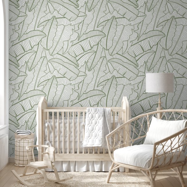 Tropical Banana Leaves Line Art Sage Green Wallpaper (Kids)