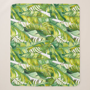 Tropical Banana Leaves Watercolor Pattern Sherpa Blanket