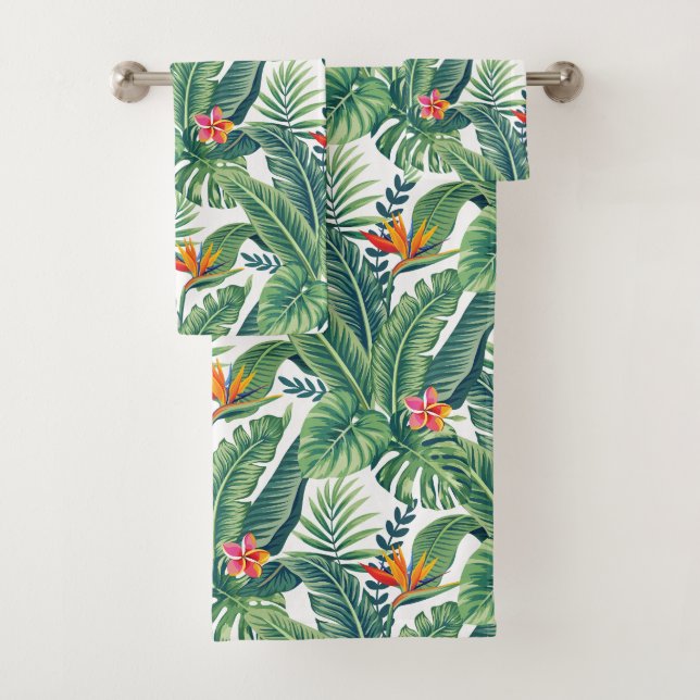Tropical Banana Monstera Palm Leaves & Flowers Bath Towel Set (Insitu)