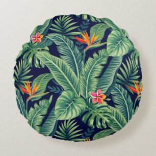 Tropical Banana Monstera Palm Leaves & Flowers Round Cushion