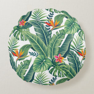 Tropical Banana Monstera Palm Leaves & Flowers Round Cushion