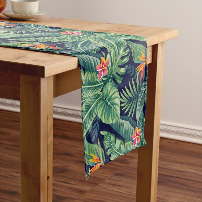 Tropical Banana Monstera Palm Leaves & Flowers Short Table Runner (In Situ)