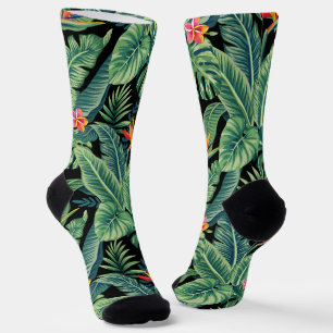Tropical Banana Monstera Palm Leaves & Flowers Socks