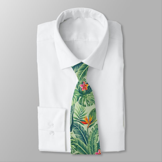 Tropical Banana Monstera Palm Leaves & Flowers Tie (Tied)
