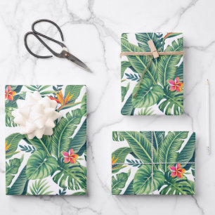 Tropical Banana Monstera Palm Leaves & Flowers Wrapping Paper Sheet