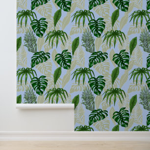 Tropical Banana, Palm & Monstera Leaves Coral Blue Wallpaper