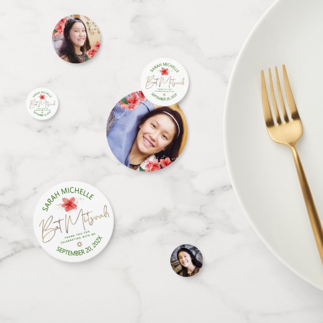 Tropical Bat Mitzvah 3 Photo Green Gold Floral Confetti (Group)