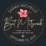 Tropical Bat Mitzvah Black Gold Floral Watercolor Classic Round Sticker<br><div class="desc">Be proud, rejoice and celebrate this milestone of your favourite Bat Mitzvah whenever you use this sophisticated, personalised sticker! A stylish, stunning, colourful, tropical watercolor plumeria flower, faux gold handwritten script, Star of David and glitter dots, along with white modern sans serif type, overlay a dramatic black background. Personalise the...</div>