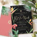 Tropical Bat Mitzvah Black Gold Floral Watercolor  Invitation<br><div class="desc">Be proud, rejoice and showcase this milestone of your favourite Bat Mitzvah with this sophisticated, personalised invitation! Stylish, stunning, colourful, tropical watercolor birds of paradise flowers, faux gold handwritten script, Star of David and glitter dots, along with modern sans serif type, overlay a dramatic, black background. Additional watercolor palm leaves...</div>