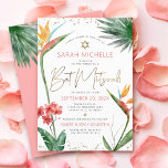 Tropical Bat Mitzvah Floral Watercolor Gold Script Invitation<br><div class="desc">Be proud, rejoice and showcase this milestone of your favourite Bat Mitzvah with this sophisticated, personalised invitation! Stylish, stunning, colourful, tropical watercolor birds of paradise flowers, faux gold handwritten script, Star of David and glitter dots, along with dark rose pink and grey modern sans serif type, overlay a white background....</div>